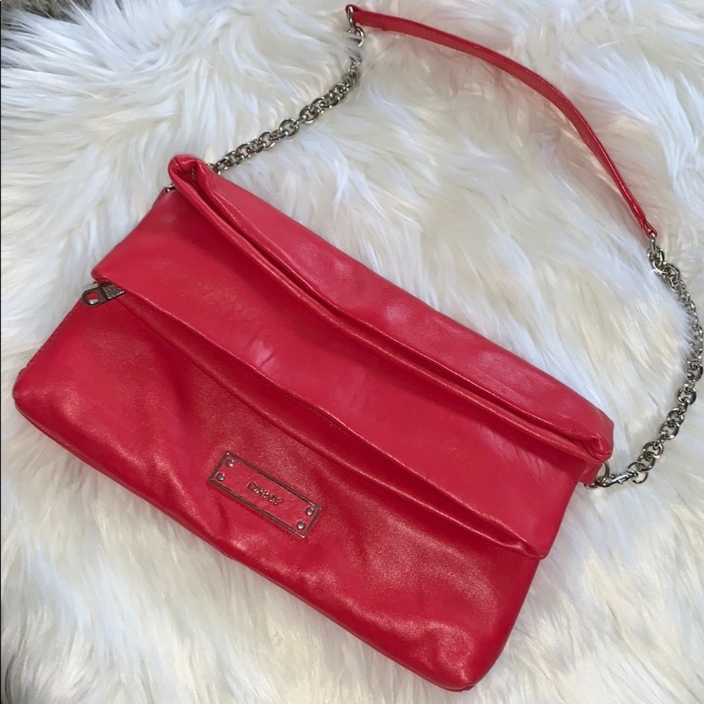 DKNY Leather Shoulder-Clutch Bag Pink